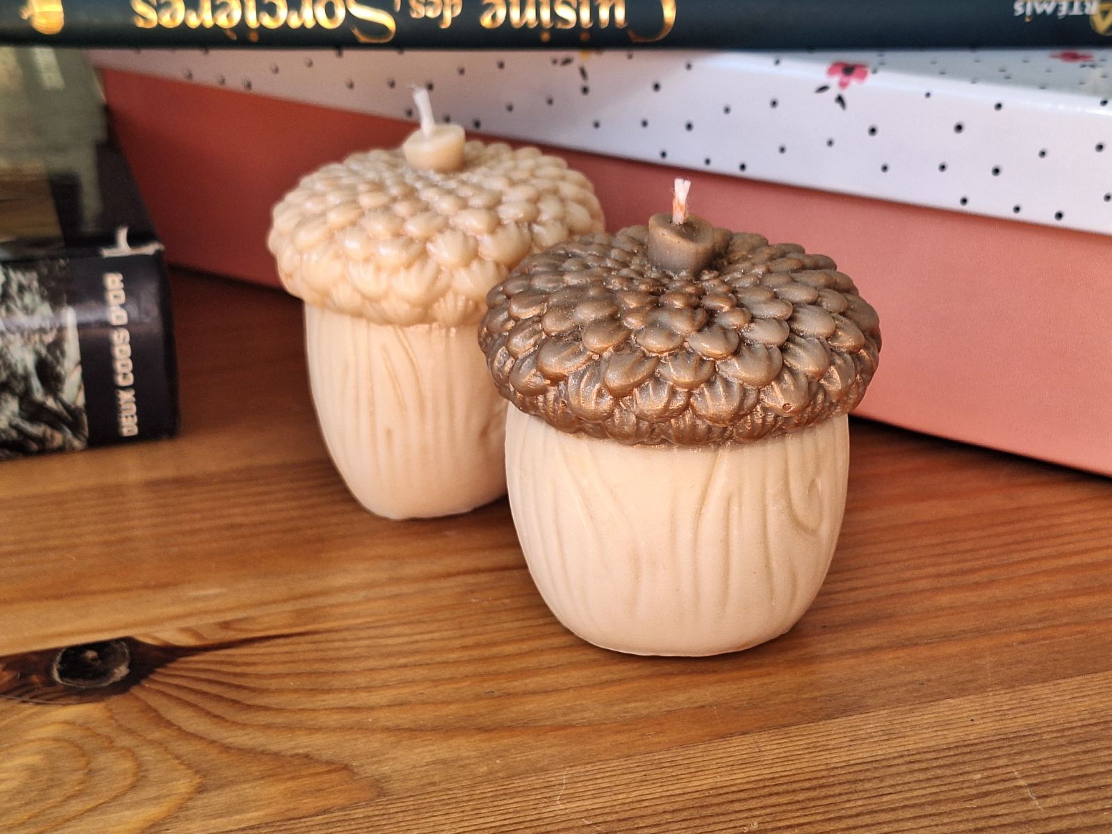 Lot de 2 bougies gland artisanales, chapeau strié recouvert de poudre nacrée