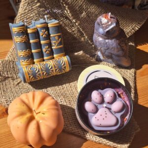 Lot de bougies Halloween en cire de soja : grimoires, hibou, citrouille et patte de chat, MonaLuna Candles