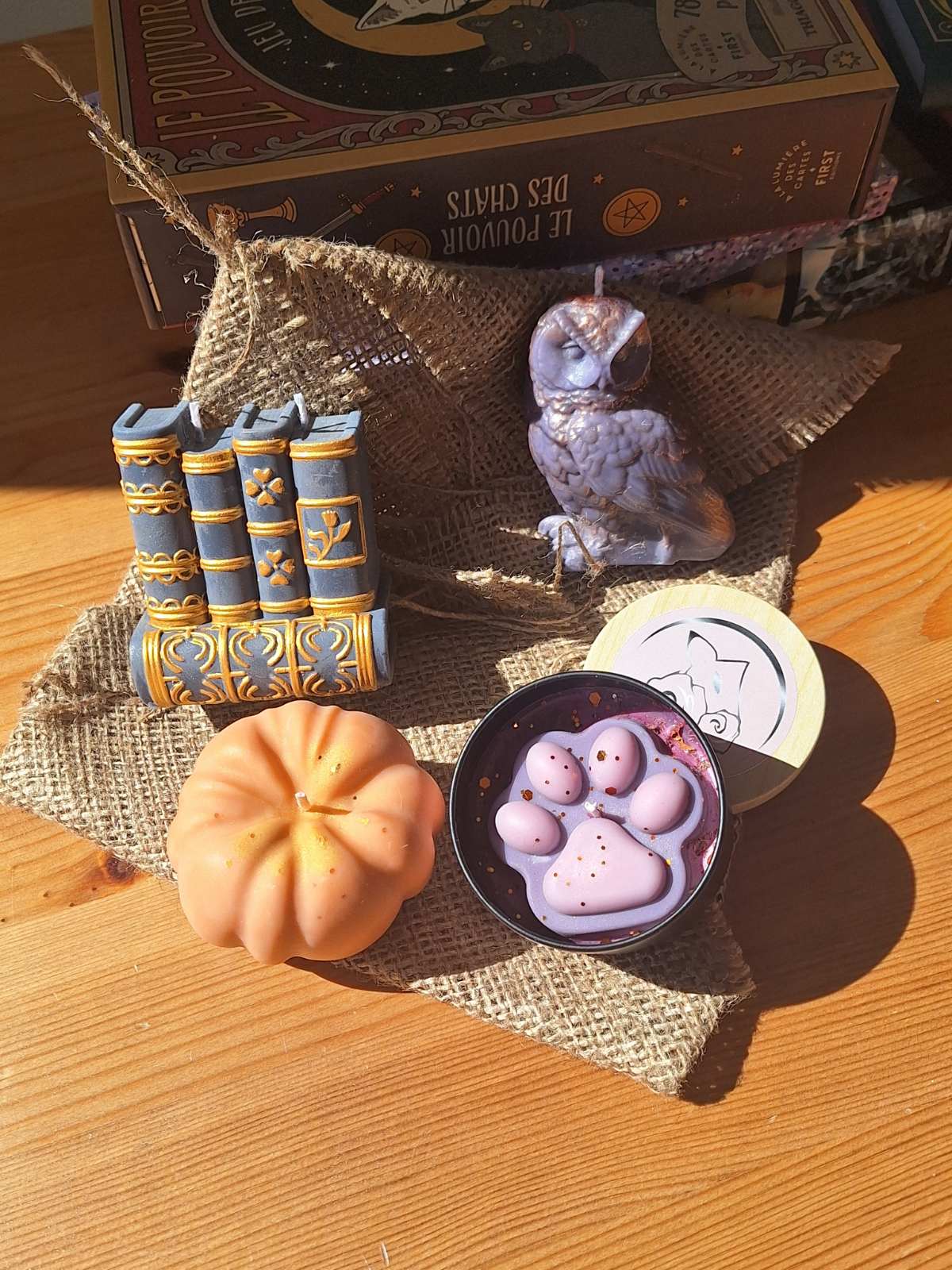 Bougies Halloween grimoires et hibou en cire de soja, vue rapprochée, MonaLuna Candles
