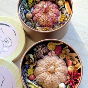 Lot de 2 bougies d'automne citrouilles dans leurs écrins cuivrés, fleurs séchées, MonaLuna Candles