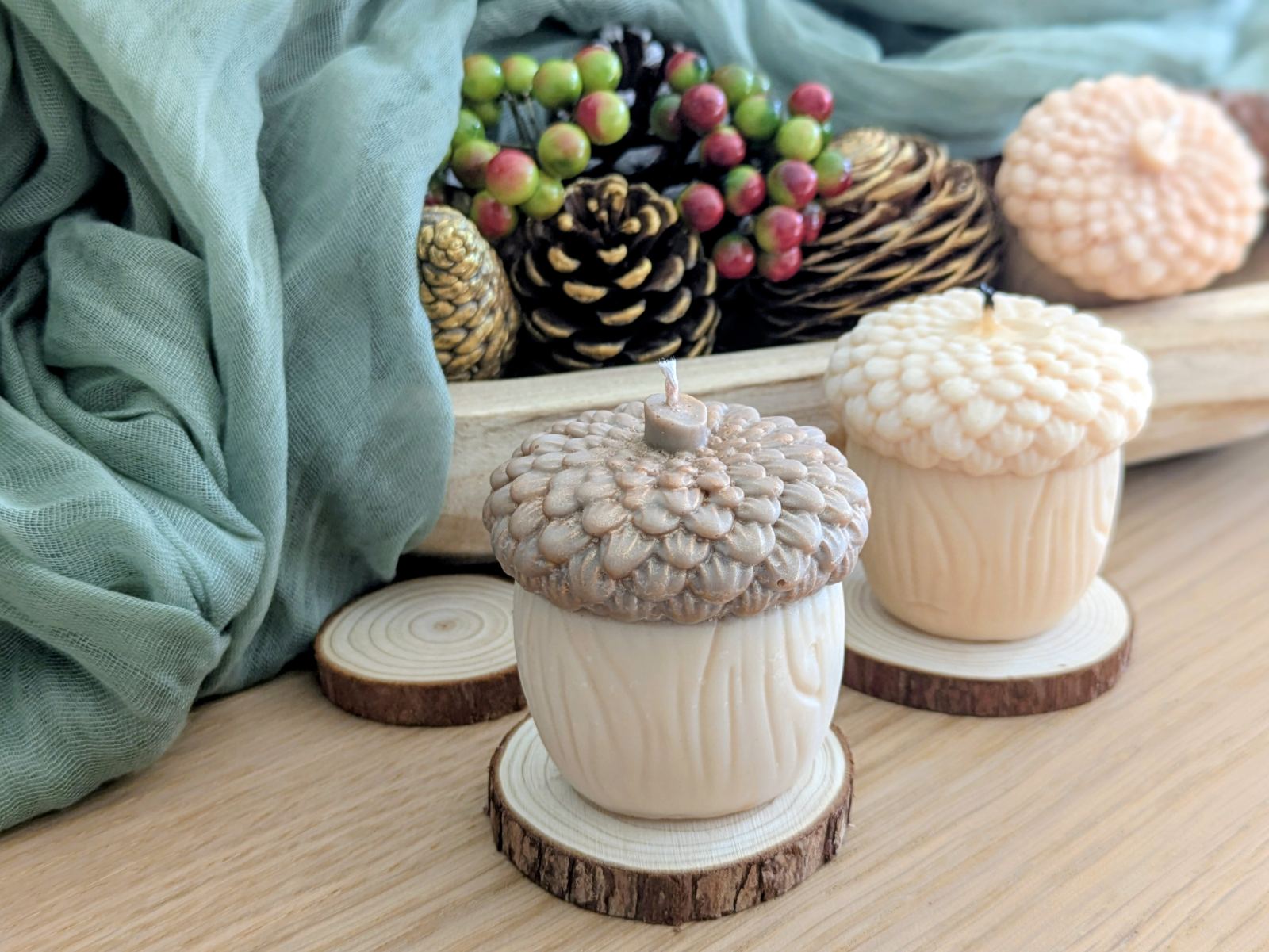 Deux bougies gland en cire de soja, chapeau blanc et chapeau taupe nacrés, sur des rondelles de bois